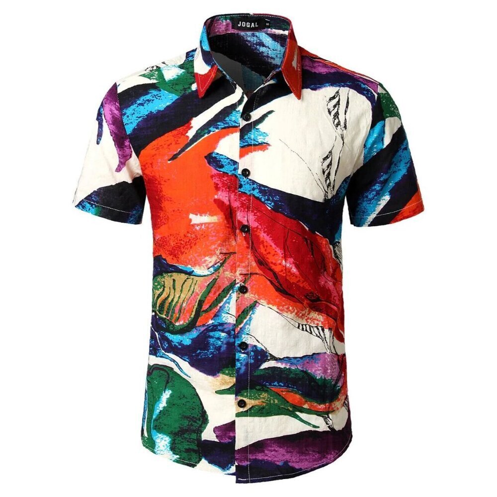 JOGAL Men Hawaiian Button Up Shirt Sz XL Multicolor Abstract Short Sleeve Travel